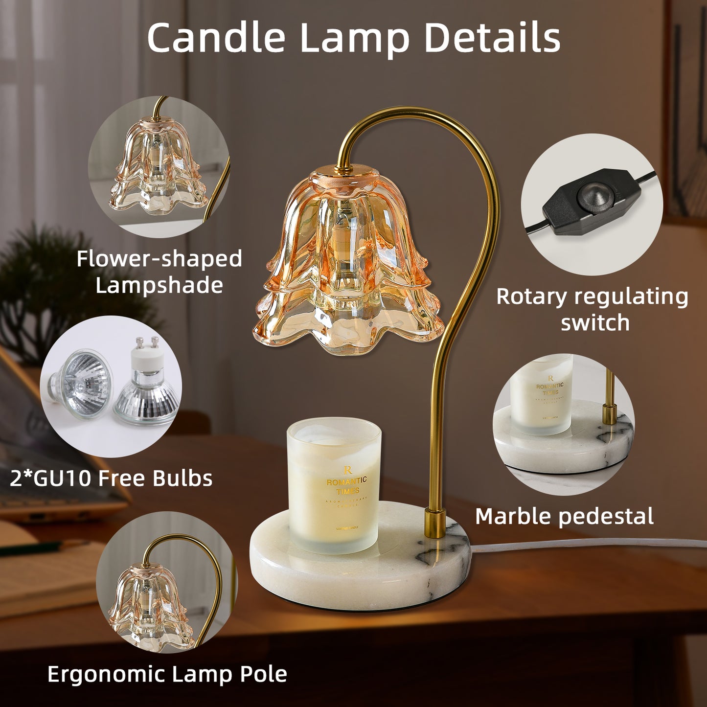 REYDELUZ  17.3"Candle Warmer Lamps，Glass shade and marble base