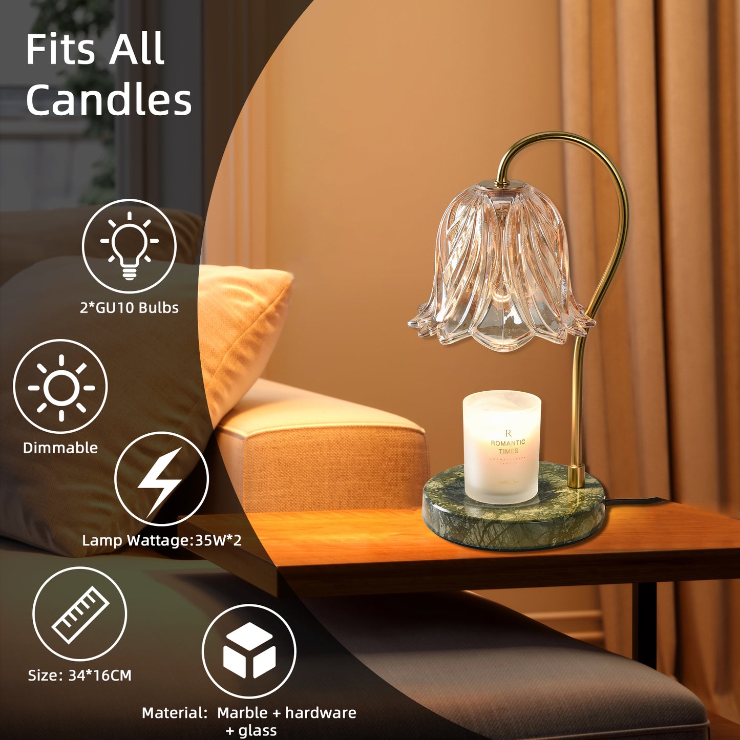 REYDELUZ  17.3"Candle Warmer Lamps，Glass shade and marble base